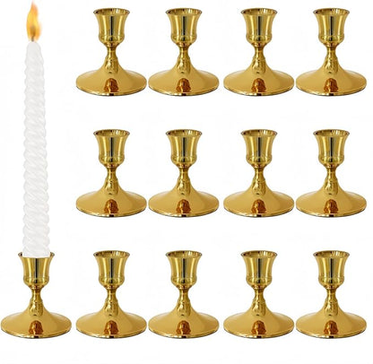 Vintage Gold Taper Candle Holders, Set of 12, Metal Taper Candlestick Holder for Dinner Room Table Centerpiece, Wedding Reception, Festive,Mantel Decoration, Home Decor (Titanium Gold)