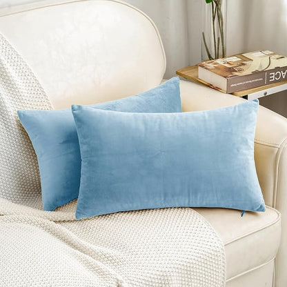 HWY 50 Light Blue Velvet Rectangular Throw Pillow Covers 12x20 Inch, Pack of 2 Soft Cozy Solid Decorative Luxury Cushion Cases for Couch Sofa Bed Living Room Bedroom