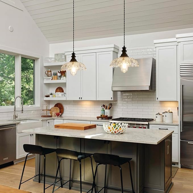 1-Light Pendant Light with Black Metal Glass Shade and Adjustable Cord Industrial Ceiling Hanging Light for Kitchen Island Bar Dining Room Bedroom Foyer Hallway Farmhouse