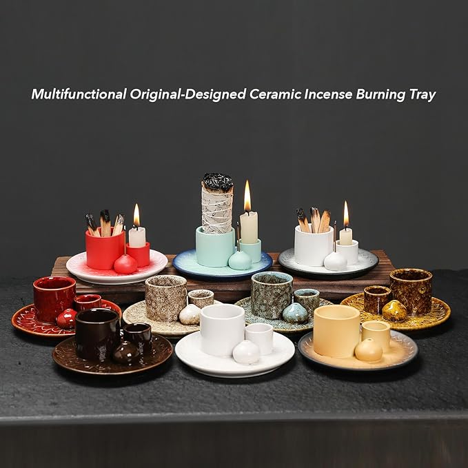 4 in 1 Multifunctional Ceramic Incense and Candle Holder with Ash Catcher Tray Suit for Burning White Sage, Palo Santo Sticks (Sky Blue)
