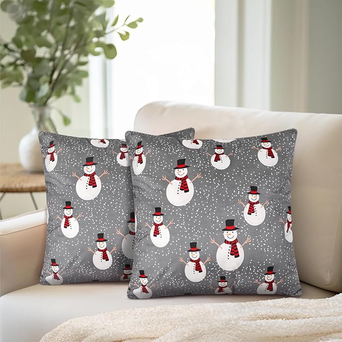 PAVILIA Holiday Throw Pillow Covers 20x20 Set of 2, Decorative Pillow Cases Bed Sofa Couch, Christmas Winter Accent Decor Cushion Bedroom Living Room, Velvet Square Euro Sham Covers, Snowman Gray