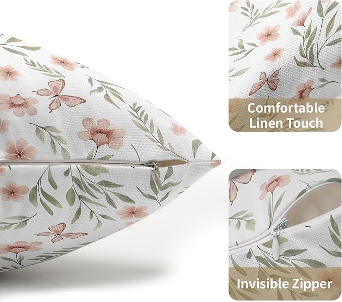 Spring Pillow Covers 12x20 Set of 2 Sage Green Pink Floral Throw Pillow Covers Boho Pillowcase Linen Decoration Farmhouse Soft Decorative Butterfly Cushion Case Couch for Indoor Outdoor Home Decor