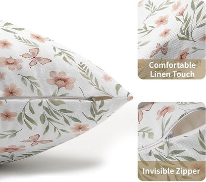 Spring Pillow Covers 12x20 Set of 2 Sage Green Pink Floral Throw Pillow Covers Boho Pillowcase Linen Decoration Farmhouse Soft Decorative Butterfly Cushion Case Couch for Indoor Outdoor Home Decor