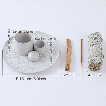 5 in 1 Incense Holder Burner, 5.9" Ceramic Holder for Burning Palo Santo Sage Candle and Incense Sticks Cones, Ash Catcher Tray for Meditation Room Home Décor (White)