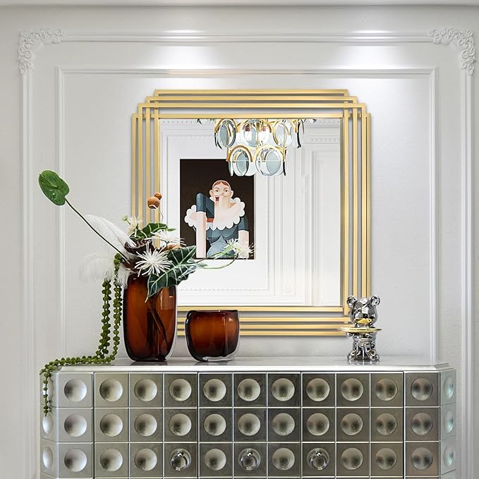 Gold Square Mirrors, 24"x24" Geometric Art Deco Mirror with Metal Frame, Bathroom Vanity Mirrors for Over Sink, Modern Elegant Wall Mirrors for Living Room Bedroom Entryway Fireplace