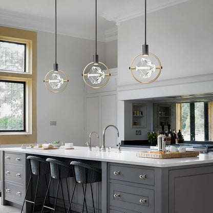 Modern Crystal Pendant Light in Black Mini Dimmable Integrated LED Light Fixtures Metal Rod Ceiling Black Gold Chandelier for Kitchen Island Bedroom Dining Room Bar(1-Lights)
