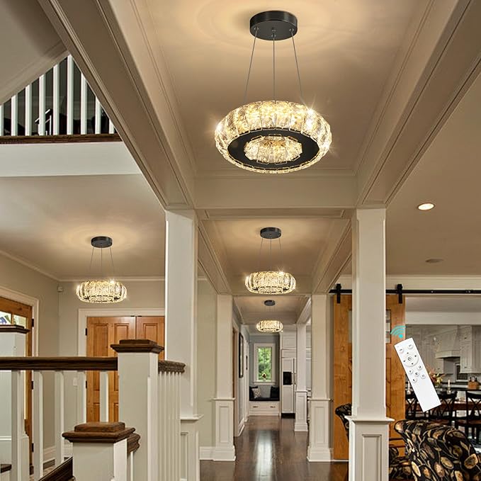 LED Ring Chandelier Modern Pendant Lights for Kitchen Island Dining Room Remote Dimmable Hanging Light Entryway Bedroom Crystal Lighting Black Chandeliers