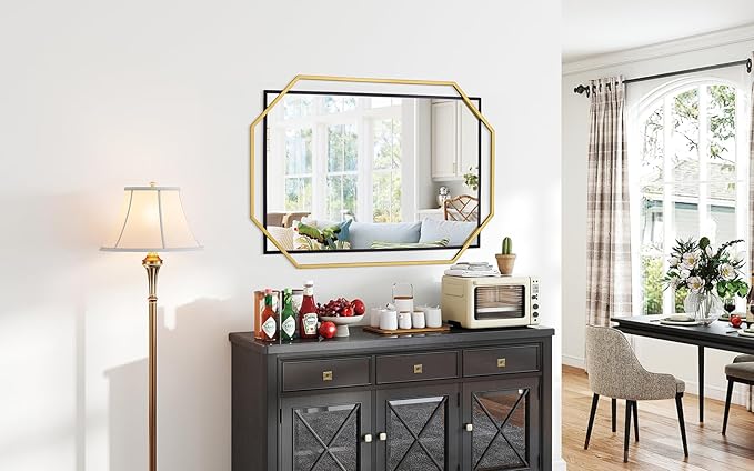 48.5"x32.5" Large Bathroom Mirror, Black and Gold Living Room Wall Mirror, with Decorative Metal Frame, Dining Room, Entryway
