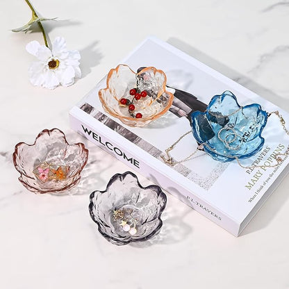 Koythin 2-Piece Glass Jewelry Tray, Mini Ring Dish for Necklace Earring Bracelet, Cute Trinket Tray for Engagement Vanity Bathroom, Crystal Floral Aesthetic Room Decor for Women Girl Mom (Light Pink)