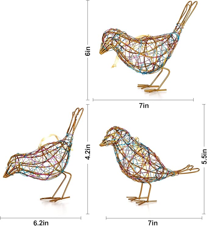 Modern Bird Statue Table Decor Set of 3 - Christmas Ornament - Handmade Metal Bird Sculptures with Colorful Wire Weaving, Multi-Pose Rustic Home Accent