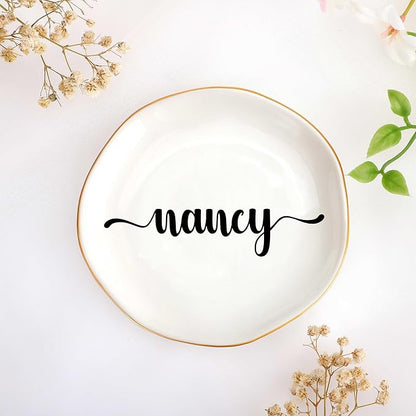 JoycuFF Nancy Personalized Name Ceramic Jewelry Tray, Mothers Day Christmas Anniversary Engagement Birthday Gifts for Women Couples, Trinket Dish for Rings Earrings Necklaces Bracelets Keys