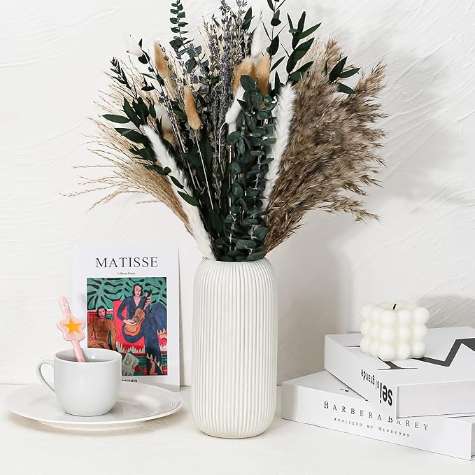 Bohemian White Ceramic Vase - for Pampas Grass, Mantel, Bookshelf, Entryway and Living Room Decor (White, 8in-Pill)