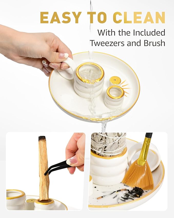 4 in 1 Incense Holder, Palo Santo Holder for Burning Sage, Sticks & Candle, Ceramic Incense Burner with Handle, 5.9 Inch Ash Catcher Tray, Zen Decor for Meditation & Gift
