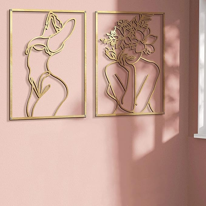 Glamativity Large 4 Pack Gold Wall Art Décor, Minimalist Décor Single Line Art Wall Décor, Real Metal Wall Art, Woman's Body Shape Abstract Wall Art (Gold Classic Style, L Size 22.5 x 15.7'')