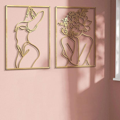 Glamativity Large 4 Pack Gold Wall Art Décor, Minimalist Décor Single Line Art Wall Décor, Real Metal Wall Art, Woman's Body Shape Abstract Wall Art (Gold Classic Style, L Size 22.5 x 15.7'')