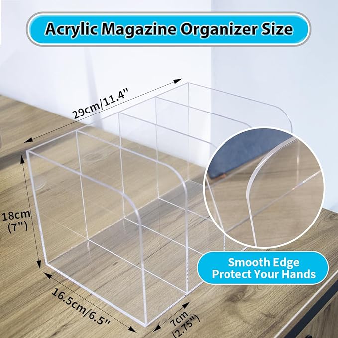 Jumyee Acrylic Magazine File Holder, Vertical Desk File Organizer Sorter with 4 Compartments, Clear Mail Organizer Office Organization Storage Binder Holder for Desk, Magazine, Books