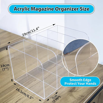 Jumyee Acrylic Magazine File Holder, Vertical Desk File Organizer Sorter with 4 Compartments, Clear Mail Organizer Office Organization Storage Binder Holder for Desk, Magazine, Books