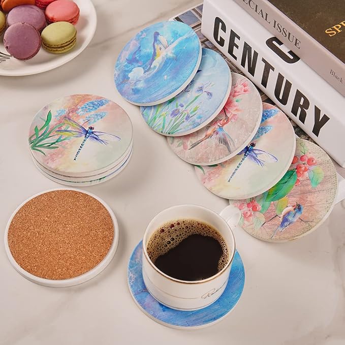 Coasters for Drinks, Set of 10 Absorbent Ceramic Stone Coasters, Natures, with Cork Back 5 Designs