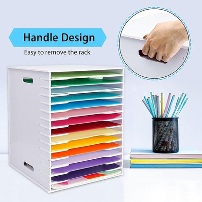 SANFURNEY Scrapbook Paper Organizer for Sizes 12" x 12", 15 Slots File Sorter Storage, Document Holder, Desktop Scrapbook Paper Organizer Rack for Home Office School (White, 15 Slots - Large Size)