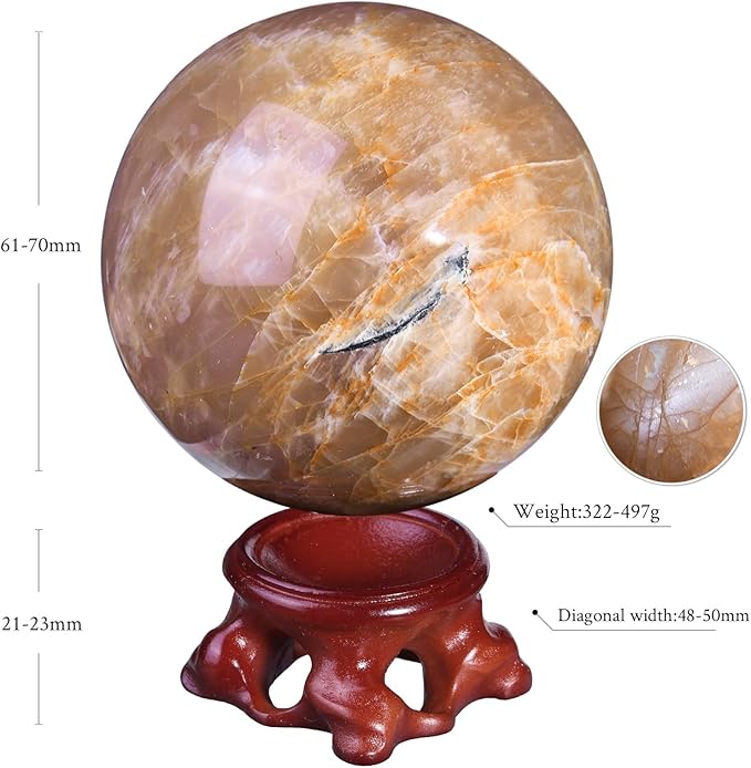 Nupuyai Natural Orange Moonstone Crystal Ball with Resin Stand, Healing Crystal Sphere for Home Decor 2.4"-2.76"(61mm-70mm)