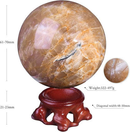 Nupuyai Natural Orange Moonstone Crystal Ball with Resin Stand, Healing Crystal Sphere for Home Decor 2.4"-2.76"(61mm-70mm)
