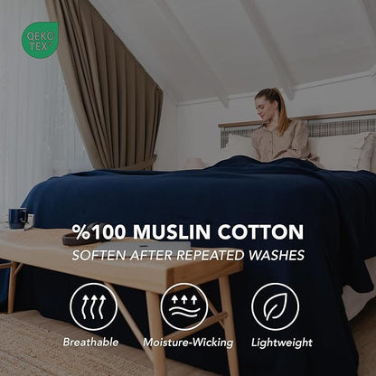 Goqan Throw Blanket 55x60 – 100% Turkish Cotton 4 Layer Boho Muslin Blanket for Adults, Four Season Blanket Lightweight and Thin, Soft, Breathable for Bed, Couch, Picnic - Navy