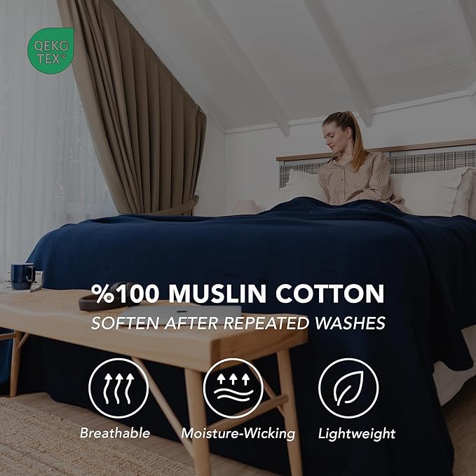 Goqan Muslin Blanket Queen 79x90 – 100% Turkish Cotton 4 Layer Boho Muslin Blanket for Adults, Four Season, Lightweight and Thin, Soft, Breathable for Bed, Couch - Navy