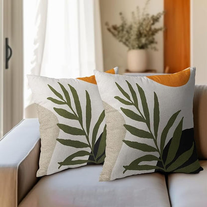 Spring Boho Pillow Covers 16x16 Set of 2 Abstract Mid Century Throw Pillow Covers Green Pillowcase Linen Decoration Farmhouse Soft Decorative Aesthetic Cushion Case Couch for Indoor Outdoor Home Decor
