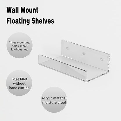 7'' Clear Acrylic Wall Shelf 2 Pack, Acrylic Floating Shelves, Acrylic Small Shelf for Books, Home Décor, Digital Clock, Speaker, Wine Bottle