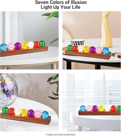 LOSCHEN 7 Colors Ice Cracked Balls, Core Memories Crystal Balls with LED Sapele Wood Base, Natural Healing Spheres Set for Home Living Room Meditation Positive Energy Decoration Balls