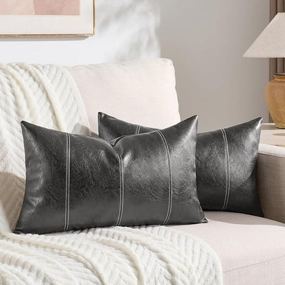 Fancy Homi 2 Packs Dark Gray Lumbar Faux Leather Decorative Throw Pillow Covers 12x20 Inch for Outdoor Couch Bed, Modern Farmhouse Boho Home Decor, Grey Hand Stitched Cushion Case 30x50 CM