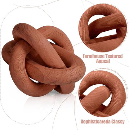 3 Pack Wooden Knot Decorations 3 Color Set Coordinated Boho Nautical Home Decor for Shelf, Wall, Tabletop, Sizes 3.94", 4.72", 5.91"(Rust)