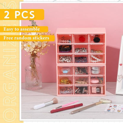 Wenqik 2 Pcs Mini Storage Drawers Teacher Toolbox Organizer with 9 Clear Drawers Small Plastic Desktop Teacher Desk Craft Organizer for Classroom Office 7" x 3. 9" x 4. 7"(Pink)
