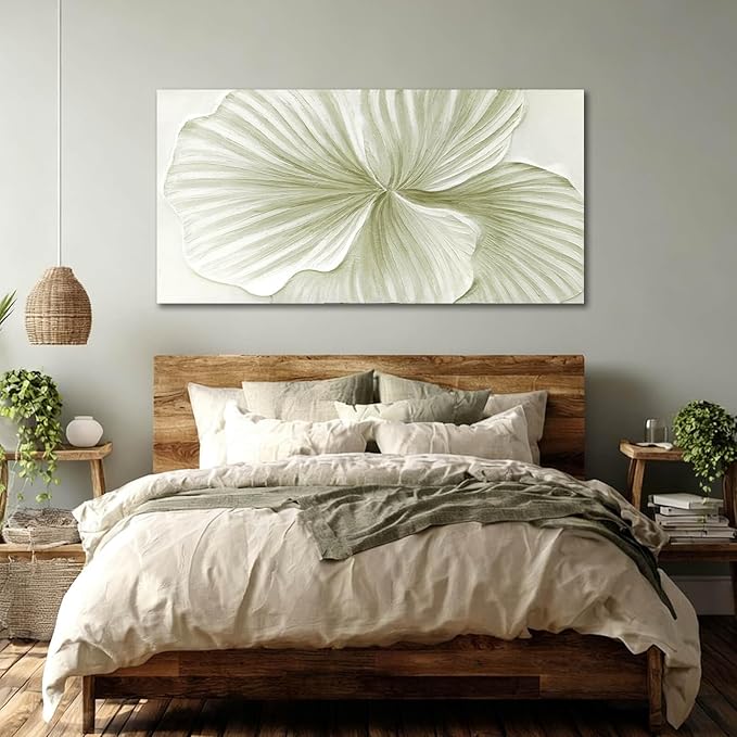 MLART99 Abstract Leaf Wall Art Modern Ginkgo Canvas Hand-drawn Painting 24x48 Green and White Large Artwork Minimalist Decoration for Living Room Bedroom Office Home