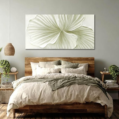 MLART99 Abstract Leaf Wall Art Modern Ginkgo Canvas Hand-drawn Painting 24x48 Green and White Large Artwork Minimalist Decoration for Living Room Bedroom Office Home