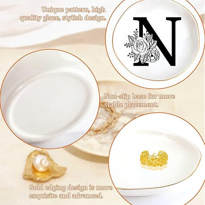 JoycuFF Initial N Ceramic Jewelry Tray, Bridesmaid Bride Gifts, Mothers Day Christmas Anniversary Engagement Birthday Gifts for Women Couples, Trinket Dish for Rings Earrings Necklaces Bracelets Keys