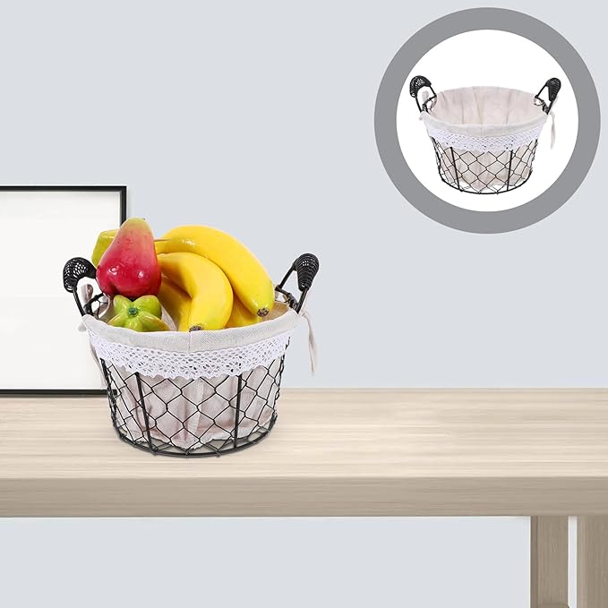 Metal Wire Storage Basket with Handle and Fabric Liner Round Rustic Bread and Candy Basket for Table Fruit Organizer for Home Decor