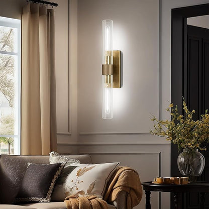 22.8" Knurled Brass Wall Sconces, 2-Light Dimmable Modern Lamp Lighting, Bronze Wall Lighting with Glass, Gold Vanity Light Fixtures Tube Sconce for Bedroom, Living Room, Hallway, Mirror, Kitchen