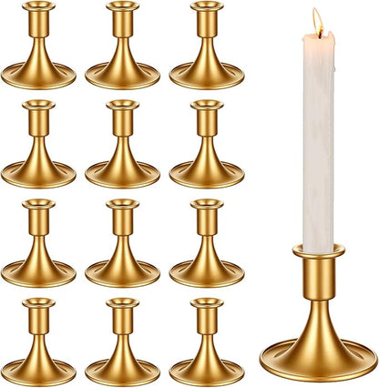 12 Pcs Gold Candle Holders Candlestick Holders, Gold Brass Color Vintage Candle Taper Holder for Table Centerpiece, Wedding Reception, Festive Christmas Mantel Decoration or Home Decor