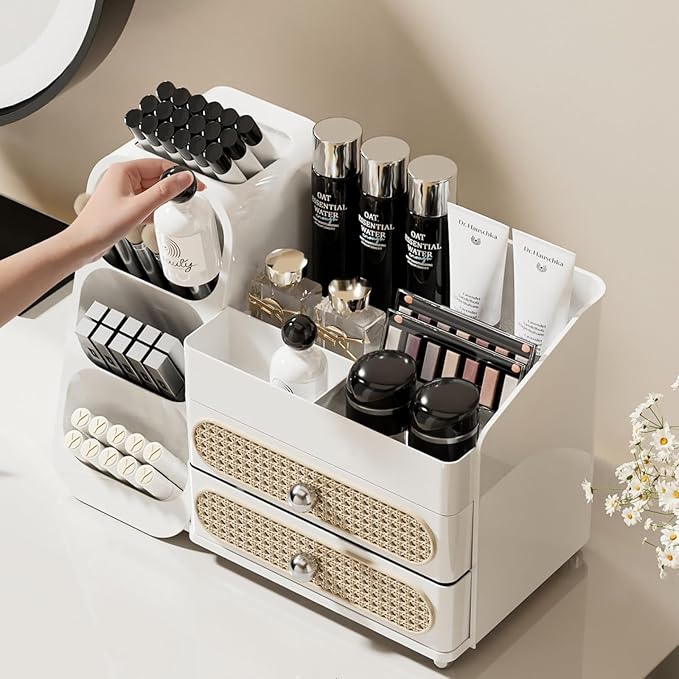 Makeup Organizer with Drawers,Large Capacity Countertop Organizer for Vanity,Bathroom and Bedroom Desk Cosmetics Organizer,Easy To Storage Skincare,Brushes,Lotions,Lipstick (All white)