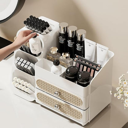 Makeup Organizer with Drawers,Large Capacity Countertop Organizer for Vanity,Bathroom and Bedroom Desk Cosmetics Organizer,Easy To Storage Skincare,Brushes,Lotions,Lipstick (All white)