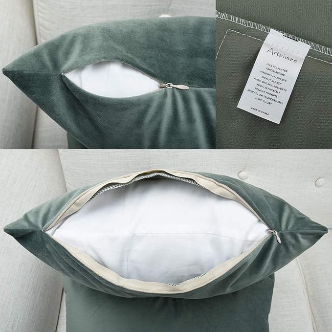 Artaimee Grey Green Velvet Throw Pillow Covers 18x18 Inches (Pack of 2) – Soft, Cozy Sofa & Couch Cushion Cases for Home, Office, and Car Décor