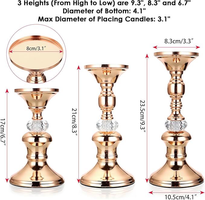 OwnMy Set of 3 Rose Gold Metal Pillar Candlestick Holders Brass Pillar Candle Holders for 3 Inch Candles, Elegant Metal Crystal Candle Stands for Dining Table, 6.7"+8.3"+9.3" Height Set