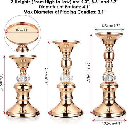 OwnMy Set of 3 Rose Gold Metal Pillar Candlestick Holders Brass Pillar Candle Holders for 3 Inch Candles, Elegant Metal Crystal Candle Stands for Dining Table, 6.7"+8.3"+9.3" Height Set
