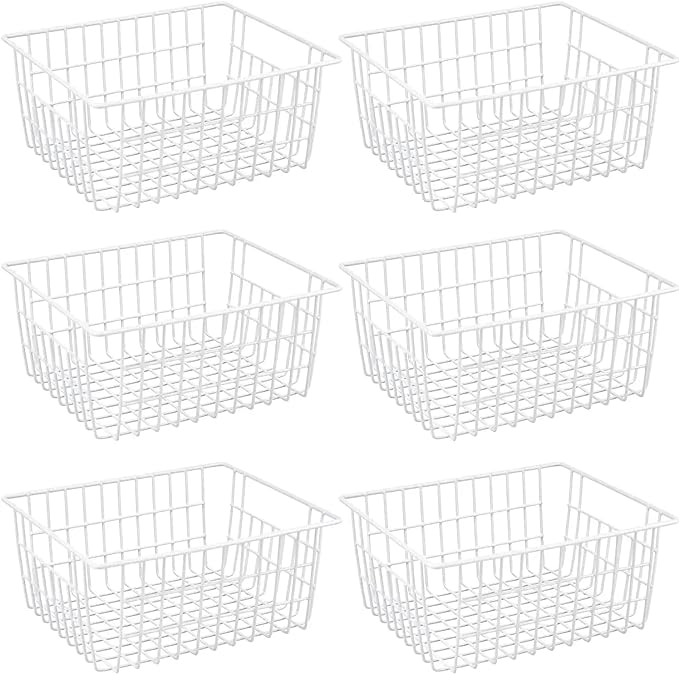 15.2" Metal Wire Baskets for Organizing 6 Pack, Household Pantry Storage Freezer Organizer Bins with Handles, Freezer Baskets for Upright Freezer, Refrigerators, Kitchen Cabinets, White