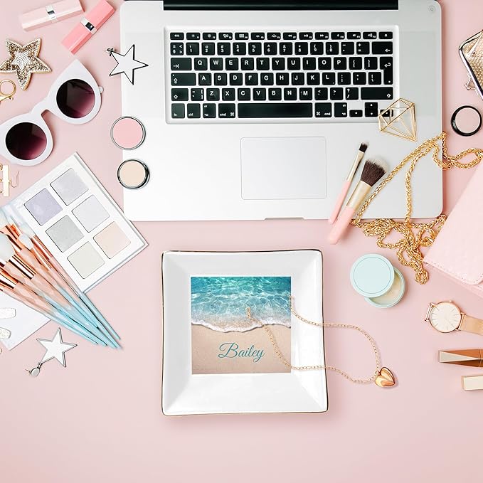 Seaside Pattern Custom Ceramic Jewelry Tray with Name, Personalized Ring Dish Holder for Her, Elegant Trinket Tray Birthday Christmas Wedding Gifts for Mom Mother Sister Friends