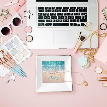 Seaside Pattern Custom Ceramic Jewelry Tray with Name, Personalized Ring Dish Holder for Her, Elegant Trinket Tray Birthday Christmas Wedding Gifts for Mom Mother Sister Friends