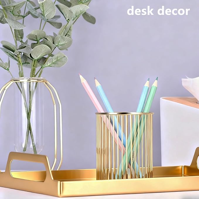 Gold Metal Pen Holder for Desk - Heavy Duty Makeup Brush Organizer Cup with, Pencil Holder for Office & Home, Storage for Stationery/Cosmetics/Art Supplies, Matte Finish, 4.8 Inch (Round)