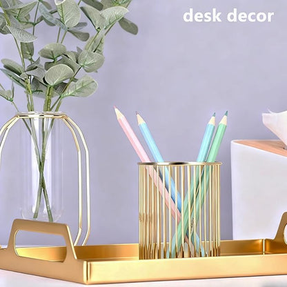 Gold Metal Pen Holder for Desk - Heavy Duty Makeup Brush Organizer Cup with, Pencil Holder for Office & Home, Storage for Stationery/Cosmetics/Art Supplies, Matte Finish, 4.8 Inch (Round)