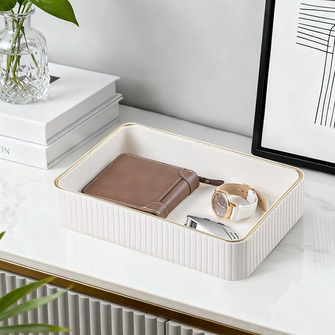 Desk Organizer Tray, PU Leather Valet Tray Nightstand Organizer Cologne Perfume Trays for Men Women, Decorative Vanity Trays Key Bowl Trinket Dish (Ivory, 10.3" x 6.7" x 2.2")